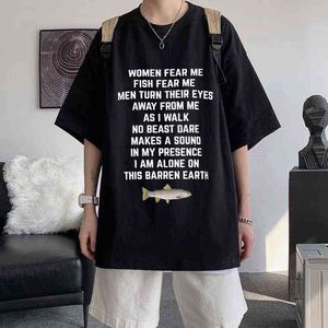 Kvinnor Fear Me Fish Fear Me Män Kvinnor Casual T-shirt Toppar T-shirt Lös T-shirt Crew Överdimensionerad Monterad Mjuk Anime Manga Tee Kläder Y220214