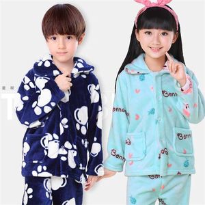 Vinter Kids Pijamas Flannel Sleepwear Girls Boys Pyjamas Coral Fleece Pyjamas sätter 3-13T Kläder Nightwear / Homewear 211130