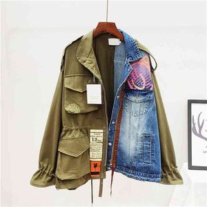 Spring Autumn Coat Woman Boyfriend Fashion Lapel Loose Denim Jacket Patchwork Runway Long Sleeve Two Piece 210603