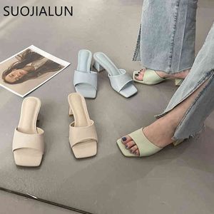 Suojialun 2021 جديد الصيف المرأة شبشب مربع منخفضة كعب السيدات صندل أحذية الانزلاق على زقزقة اصبع القدم البغال الشرائح عارضة الوجه فليب k78