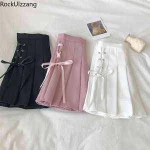 Hög midja sexig mini kjol kawaii mode koreansk japansk student lolita tonåring tjej söt sida band lace-up båge pläterad smal 210708