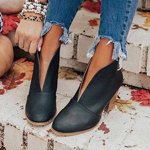 Vinter kvinnor stövlar v cutout fotled stövlar staplade häl booties fahsion chelsea stövlar pu botas zapatos mujer storlek 35-43 210911