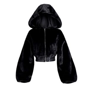 Höst Vinter Faux Kanin Fur Bomber Teddy Coat Zipper Streetwear Hög midja Furry Hooded Plush Jacket Cardigan Fleece Parkas 211220