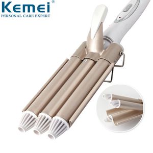 Kemei 전문 철 세라믹 트리플 배럴 스타일 웨더 스타일링 도구 110-220V 헤어 경기자 전기 컬링