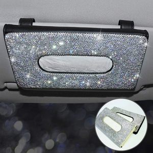 Luxury Crystal Sun Visor Diamond Leather Tissue Box Universal Hanging Napkin Holder Car Decoration