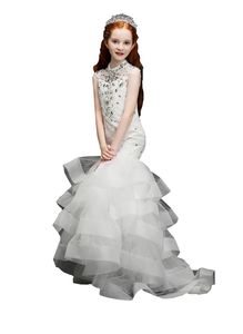 2022 High Neck Mermaid Girls Pageant Dresses 7-14 Ruffle Tulle Diamonds Beads Lace Cap Short Sleeve Birthday Party First Communion Graduation Dress Toddler