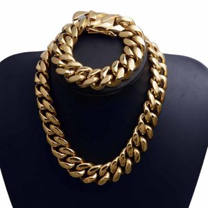 22mm StainlSteel Miami Curb Cuban Chain Necklace Boys Men gold color Hip hop Dragon Lock Clasp top jewelry 18 K bracelet X0509