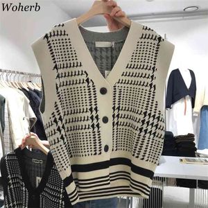Mulheres Sweater Primavera Estilo Preppy Japonês V Pescoço Vests Soltos Jacquard Single Breasted Vintage Knit Waistcoat Tops 210519