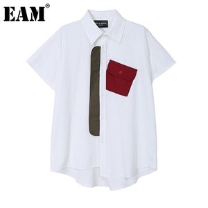 [EAM] Kobiety Biały Kontrast Kolor Duży Rozmiar Bluzka Lapel Krótki Rękaw Loose Fit Koszula Moda Wiosna Lato 1DD6091 210512
