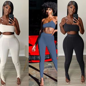 Joskaa Sexy One Shoulder Womens Summer Bodycon Outfit Club White Sporty Two Piece Set Crop Top Slit Pants Leggings X0428