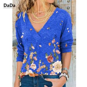 Women's T-shirt Spring and Summer Fashion Flowers Printed V-neck Casual Long Sleeve Sunscreen Soft Thin S-5XL 210623