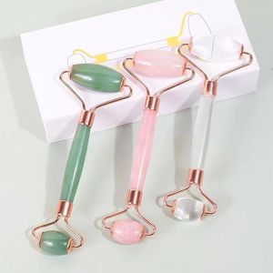 Cabeça Dupla Rosa Rosa Rolo Facial Rack Care Slimming Massagem Ferramenta Natural Aventurine Jade Cristal Neck Health Anti Wrinkle Cellulite Massager