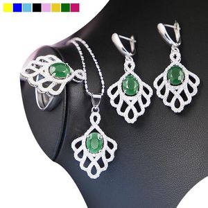 Wholesale emerald bridal sets resale online - Silver Classic Jewelry Sets For Women Green Emerald White Topaz Bridal Necklace Earrings Ring Bracelet