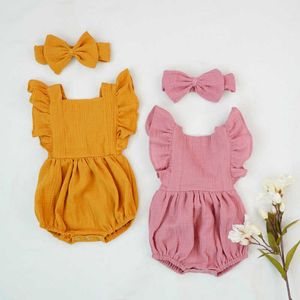 Perakende Bebek Kız Bodysuit Yaz İlk Doğum Günü Pamuk Katı Renk Genel Tulum Kafa Giyim E054 210610