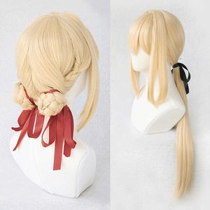 Violet Evergarden Ponytail Braid Buns Blonde Hair Heat Resistant Cosplay Costume Wig + Wig Cap + Ribbon Y0903