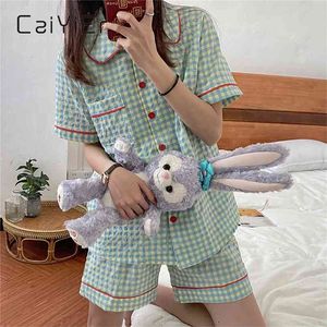 CAIYIER Sweet Girl Summer Korean Homewear Cute Doll Collar Short Sleeve Checkered Pajamas Set Plaid Flowers Casual Pyjamas Suit 210809