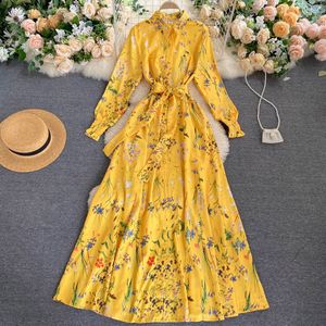 Kadınlar Sarı Baskı Bluzlar Elbise Sonbahar Fransız Zarif Uzun Kollu Lace Up A-Line Vestidos Moda Streetwear Uzun Robe 210419