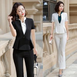 Sommar formella kvinnor byxa kostymer svart och blazer sätter kontor damer arbete bära affärskläder kvinnors två stycken byxor