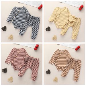 Bebek Kız Giyim Setleri Katı Renk Şerit Çukur Uzun Kollu Pantolon Erkek Pamuk Çocuklar Suit YL587