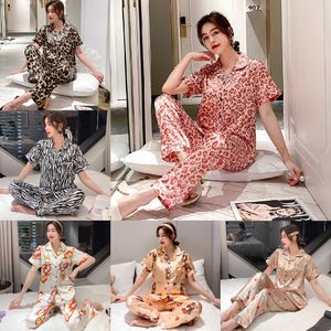 12Styles Summer Leopard Print Silk Pyjamas Set Home Textile Brand Designer Cartoon Grid Pattern Casual Women Short Sleeve Cardigan