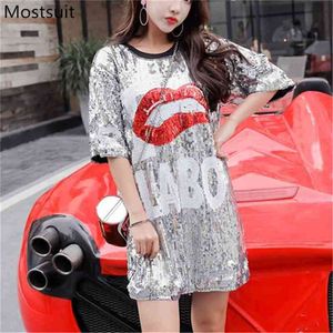 Letters Red Lips Cartoon Long Sequin T-shirt Sexy Loose Cotton Tops Women Summer Euro Bf Short Sleeve O-neck Club Wear 210513