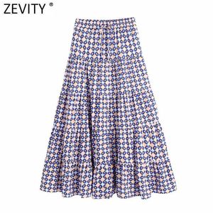 Zevity Women Vintage Geometric Print Pleats Casual Midi Skirt Faldas Mujer Female Elastic Waist Pockets A Line Vestidos QUN792 210603