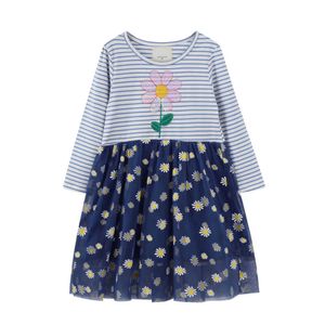 2-7Years Children's Clothing Girls Mesh Patchwork Stripe Dresses Baby Kid Sequins Flowers Cotton Dress Toddler Princess Costums Q0716