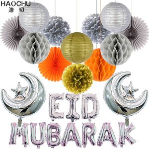 24 stücke Ramadan Kareem Festival Dekoration Eid Mubarak Folienballons Mond Sterne Party Seidenpapier Laterne Fan Blumen Gold Silber 210408