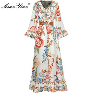 Mode Runway Sommar Vintage Midi Dress Kvinnor Lös Flare Ärm Blommigtryck Ruffles Elegant Vacation 210524