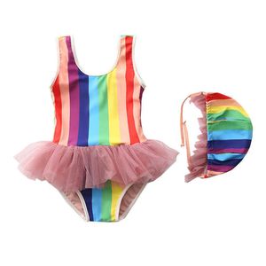 Toddler badkläder tjejer en bit + keps regnbåge randig europeisk och amerikansk baby baddräkt band sommar mode kläder tutu 210529