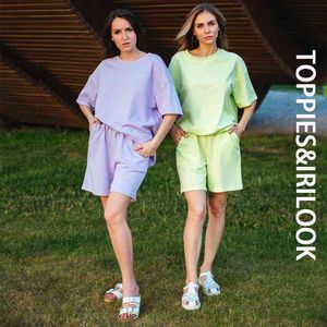 Toppies Sommar Tracksuits Kvinnor Två peices Set Fritid Outfits Bomull Oversized T-shirts Hög midja Shorts Candy Color Clothing 210707