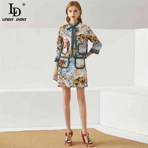 summer Vintage Fashion Sets Women's Long Sleeve Printed Blouse Tops and Vacation Short Skirt 2 Pieces Suit 210522