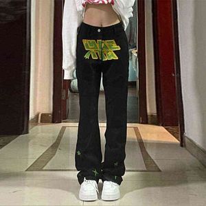Cyber ​​Y2K Spodnie Kobiety Gothic Letter Print Puns Punk Dark Jogger 90s Dżinsy Button Streetwear Black Long Pants Y220311
