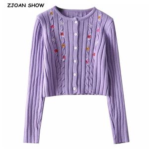 Streetwear Flower Embroidery Knitted Cropped Cardigan Vintage O neck Twist Sweater Short Punk Korea Clothes Women Knit kardigan 210429