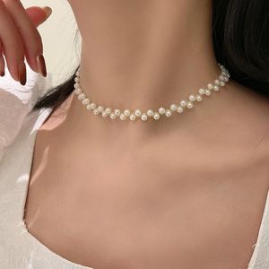 Kedjor japansk och koreansk stil enkel elegant pärla vävt halsband dra justerbara korta kvinnliga smycken