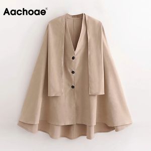 Aachoae Höst Vinter Loose Casual Cape Coat Kvinnor Chic V Neck Single Breasted Outerwear Ladies Fashion Khaki Long Cloak 210413