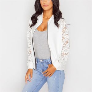 Spitzenhülse Frauen Grundschichten Lange Patchwork Transparent Reißverschluss Casual Slim Jacke Mantel Bomber Outwear 210914