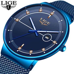 2019 New Blue Quartz Clock Lige Mens Relógios Top Marca Luxo Relógio para Homens Simples Todo Aço Waterproof Wrist Watch Reloj Hombre Q0524