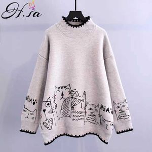 H.Sa Kobiety Swetry i swetry Pół Turtleneck Pull Skoczków Cartoon Cats Cute Swetry Szary Czarny Oversized Pull Swetry 210716