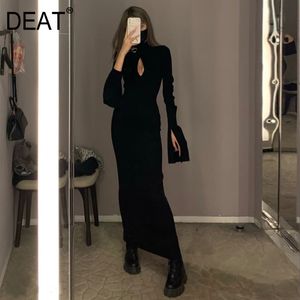 Turtleneck Solid Black Skirt Side Chain Knitted Hollow Out Long Sleeve Body Wrapped Dress Spring GX757 210421