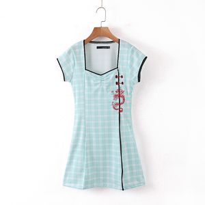 Shirt Women High Waist Pink Blue Midi Vestidosx Short Sleeve A-Line Kawaii Summer Dress Dragon Embroidery Cheongsam 210417