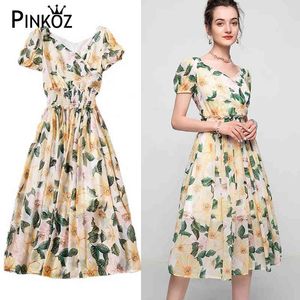 Fashion Designer Summer Dress Women's V-neck Puff Sleeve Camellia Floral Print Sexy Yellow Mujer Bohemian Dresses 210421