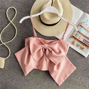 Summer vintage tube top camisole female outer wear sweet bow sexy sleeveless short Cute crop for womens beach shirt 210420