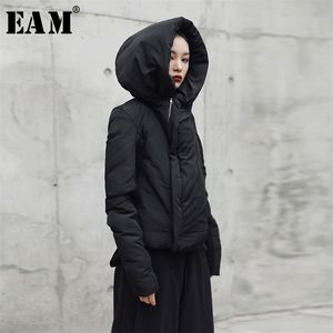 [EAM] Cappotto imbottito in cotone corto nero con cappuccio ispessimento manica lunga vestibilità ampia Parka da donna moda primavera autunno JI08 211018