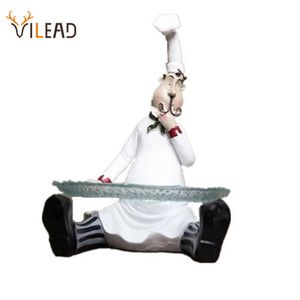 VILEAD 26cm Resin Chef Holding Fruit Plate Figurines Fashion Creative Home Restaurant Table Decoration People Miniature Ornament 210804