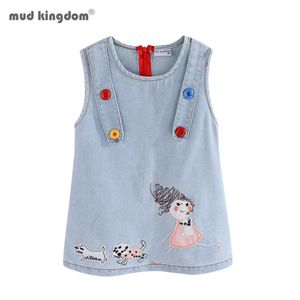 Mudkingdom criança meninas denim vestido bordado moda sem mangas veste roupas pequenas e filhote de cachorro jean es 210615