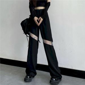 メンズパンツブラックゴシッククールな女性ロングレース中空アウトファッションレディハイウエスト原宿ワイドレッグパンツストリートカジュアルボタンズボン