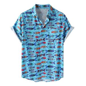 Vintage Drukuj Hip Hop Hawajski Koszula Mężczyźni Streetwear Moda Krótki Rękaw Koszulki Patchwork Turn-Down Collar Button Up Bluzka 2021 Męskie Casadua