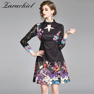 Elegant Floral Printed Vintage Women Lace Long Sleeve Patchwork Star Hollow Out Runway Dress Female High Waist Mini Dres 210416