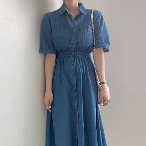 Korea Chic Fashion Casual Revers Einreiher Hohe Taille Kurze Gewaschene Ärmel Blau Denim Kleid Frauen Sommer 16W1395 210510